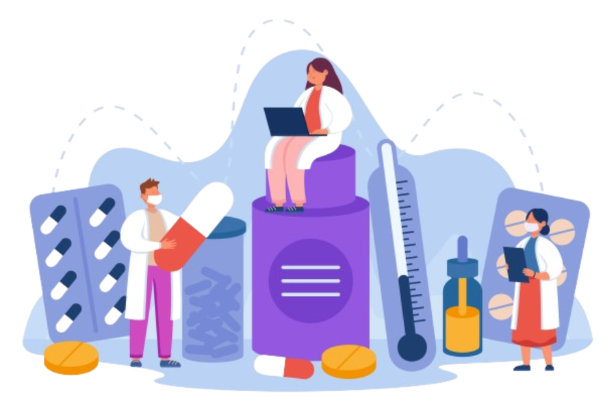 Exultant Life Sciences pharmacists and healthcare illustration